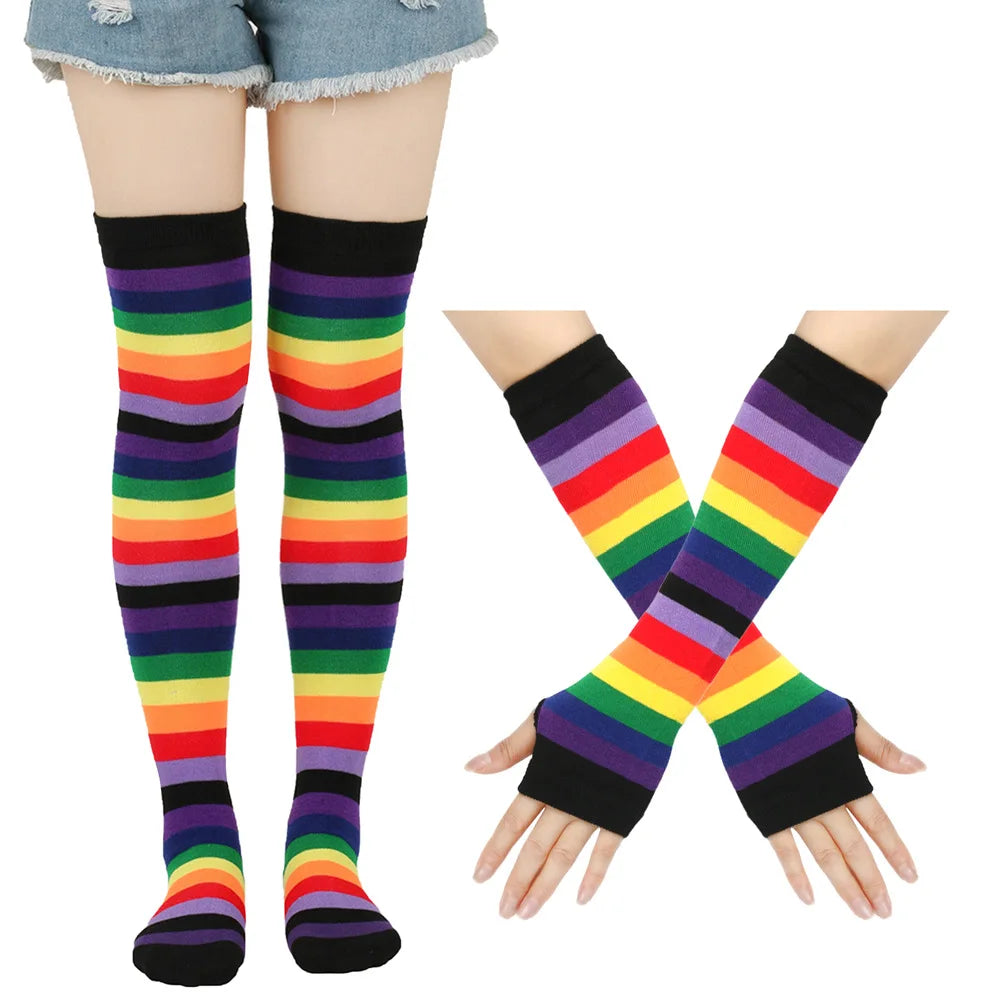 Women Fancy Rainbow Stripes Over Knee Long Socks Elbow Gloves Set Halloween Cosplay Costume Knitted Stretchhy Thigh High