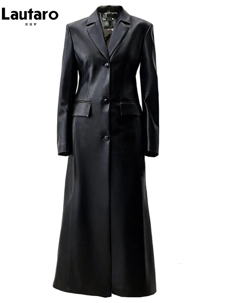 Lautaro Autumn Long Black Fitted Pu Leather Trench Coat for Women Shoulder Pads Single Breasted Luxury Elegant Blazer Overcoat