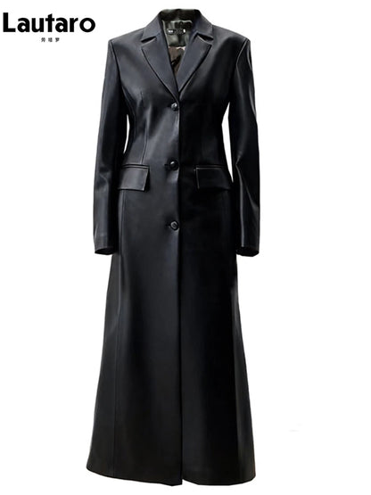 Lautaro Autumn Long Black Fitted Pu Leather Trench Coat for Women Shoulder Pads Single Breasted Luxury Elegant Blazer Overcoat