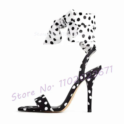 Polka Dots Lace Up Sandals With High Heels Women Sexy Two Tone Elegant Shoes Office Lady Luxury Party Stiletto Dress Sandals