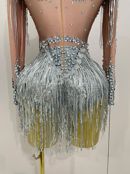 Sparkly Rhinestone Sequin Tassel Stretch Bodysuits 2025 New Arrival Women Birthday Party Nightclub Dj Stage Performance Costume