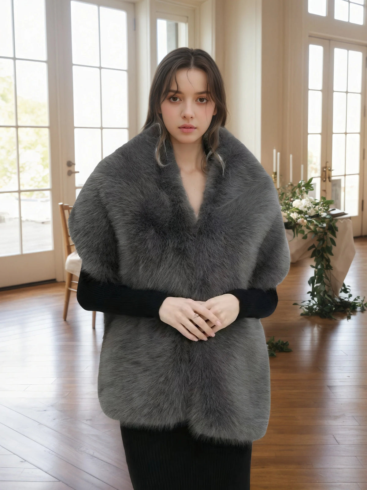 A Handmade Polyester Faux Fox Fur Women's Fashion Shawl for Weddings, Parties, and Gatherings, a Warm and Stylish Accessory