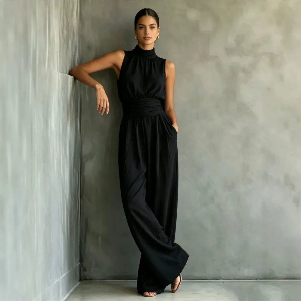 Summer New Fashion Half Turtle Collar Sleeveless Women's Jumpsuit 2026 Elegant Slim Waist Shaping Wide Leg Female Rompers