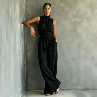 Summer New Fashion Half Turtle Collar Sleeveless Women's Jumpsuit 2026 Elegant Slim Waist Shaping Wide Leg Female Rompers