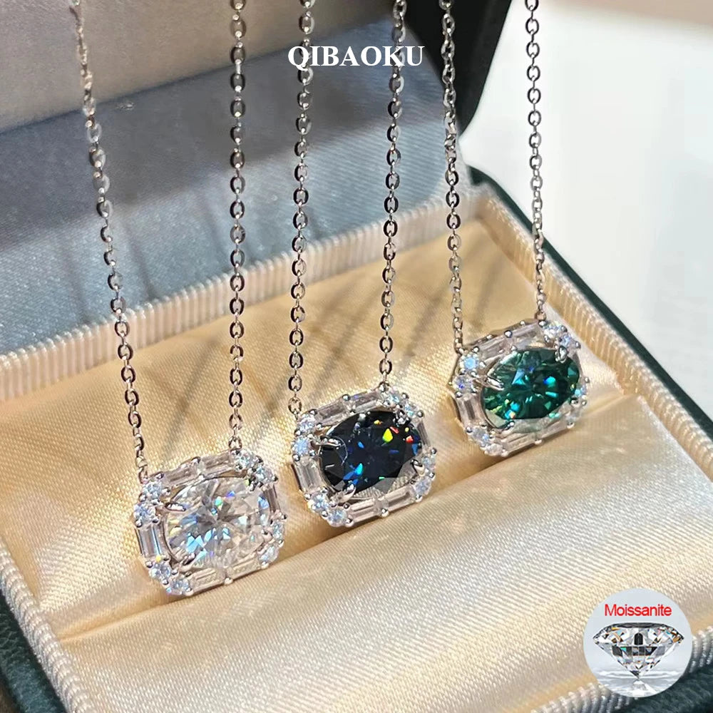 QIBAOKU 7*9mm Oval Moissanite Necklace 100% S925 Silver Colorful Diamond Pendant for Women Engagement Gifts Jewelry 2026