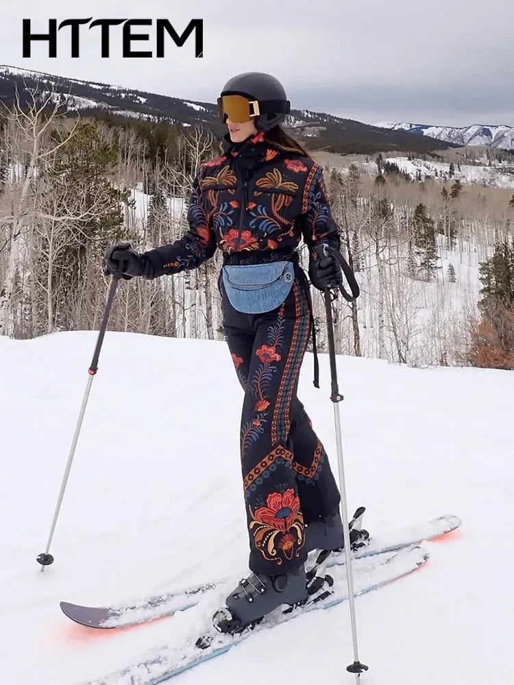 Printed Women's Ski Jumpsuits Warm Full Sleeve Zippers Stand Collar Pocket Lady Rompers 2026 Autumn Winter Female SkiWear New