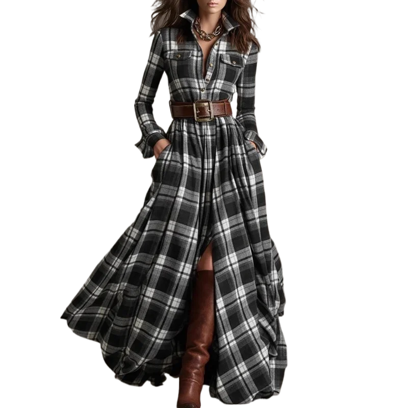 Autumn Vintage Long Sleven Dress for Women Plaid Print Shirt Maxi Dress Vacation Female Elegant Belt Loose Pocket A-line Dresses