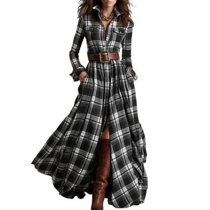 Autumn Vintage Long Sleven Dress for Women Plaid Print Shirt Maxi Dress Vacation Female Elegant Belt Loose Pocket A-line Dresses
