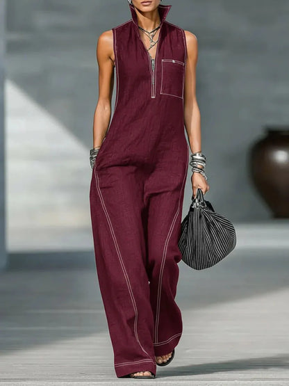 Women's 2026 New Mandarin Collar Sleeveless Jumpsuit – Linen Cotton Loose Fit Romper  Casual Wide Leg One Piece