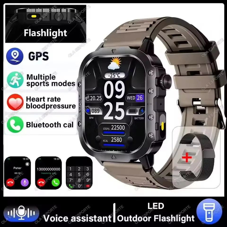 2026 New Military Smart Watch Men 3ATM Outdoor Sports Fitness Tracker Blood Pressure Health Monitoring BT Call GPS Smartwatch