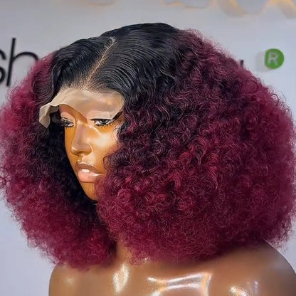 450 High Density 1B/99J Colored Afro Kinky Curly 13x4 HD Lace Front Wigs Preplucked Burgundy Red Bob Frontal Wig 100% Human Hair