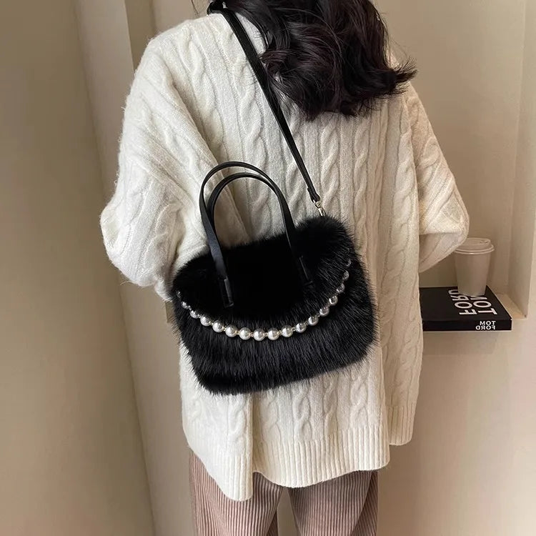 Winter Fashion Faux Fur Crossbody Bags for Women's Gift, Pearl Chain Decor Shoulder Bag, Ladies Handbags Top-handel Bag