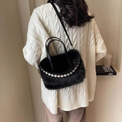 Winter Fashion Faux Fur Crossbody Bags for Women's Gift, Pearl Chain Decor Shoulder Bag, Ladies Handbags Top-handel Bag