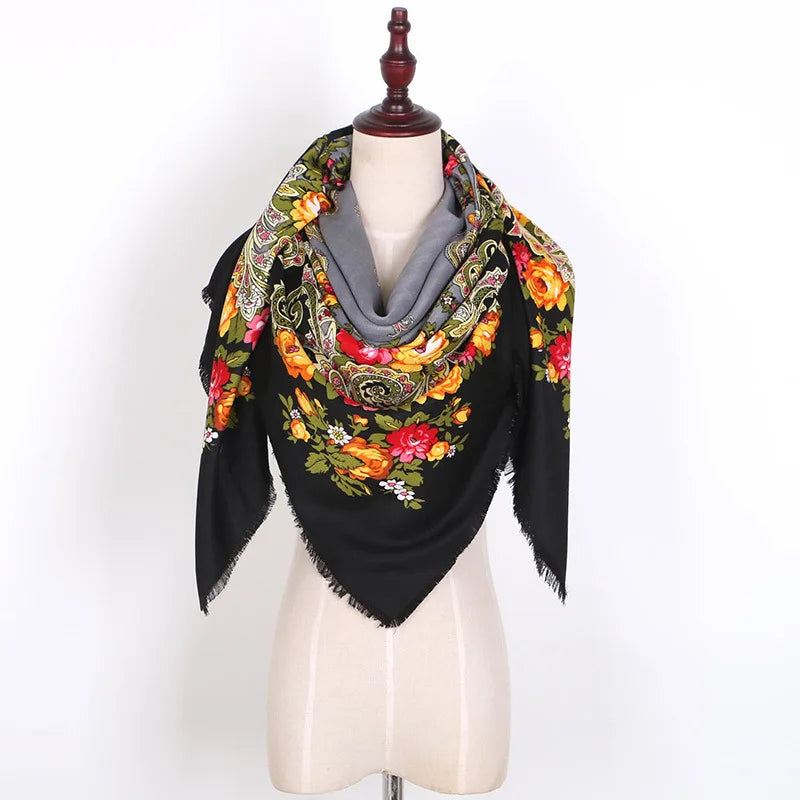 Russian Women Big Size Square Scarf Luxury Floral Print Bandana Wraps Female Retro Short Tassel National Shawl