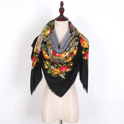 Russian Women Big Size Square Scarf Luxury Floral Print Bandana Wraps Female Retro Short Tassel National Shawl