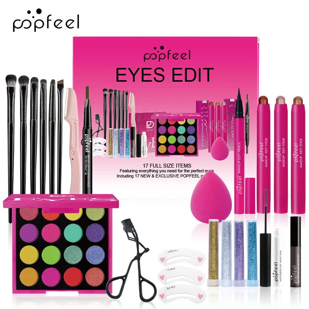 Essential Eye Makeup Set for Beginners Matte&Shimmer Eyeshadow Palette, Mascara, Eyebrow Pencil, Lip Eyeliner,Brush Tool Set Box