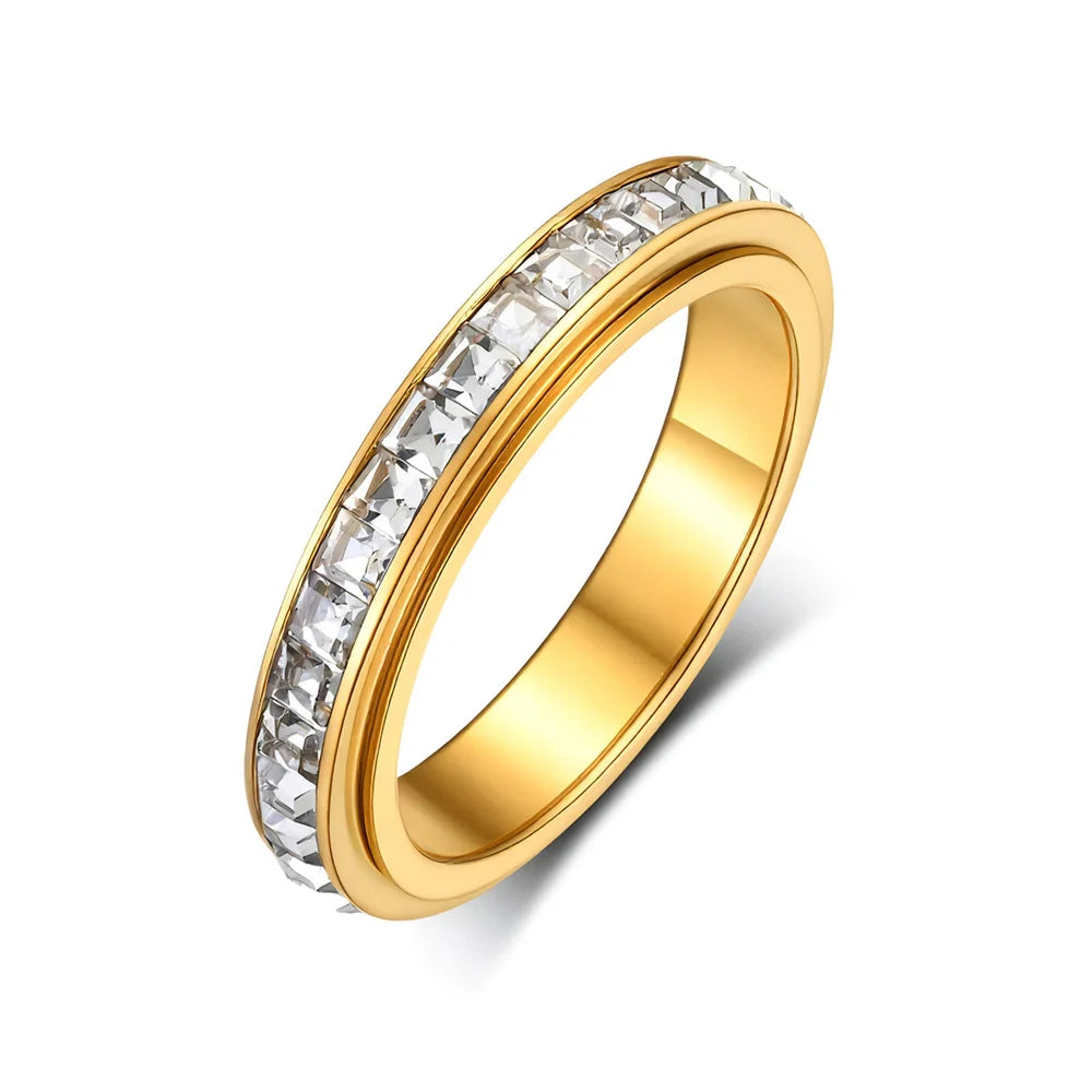 Fidget Anxiety Anti-stress Ring Women's 4mm Gold Silver Color Stainless Steel Crystal Rotatable Spinner Rings for Woman Jewelry
