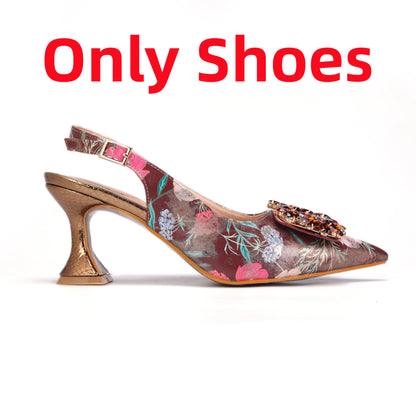 Newest Green Color Print Design High Heels Decorated with Water Rhinestone Party Women's Shoes and Bags Set