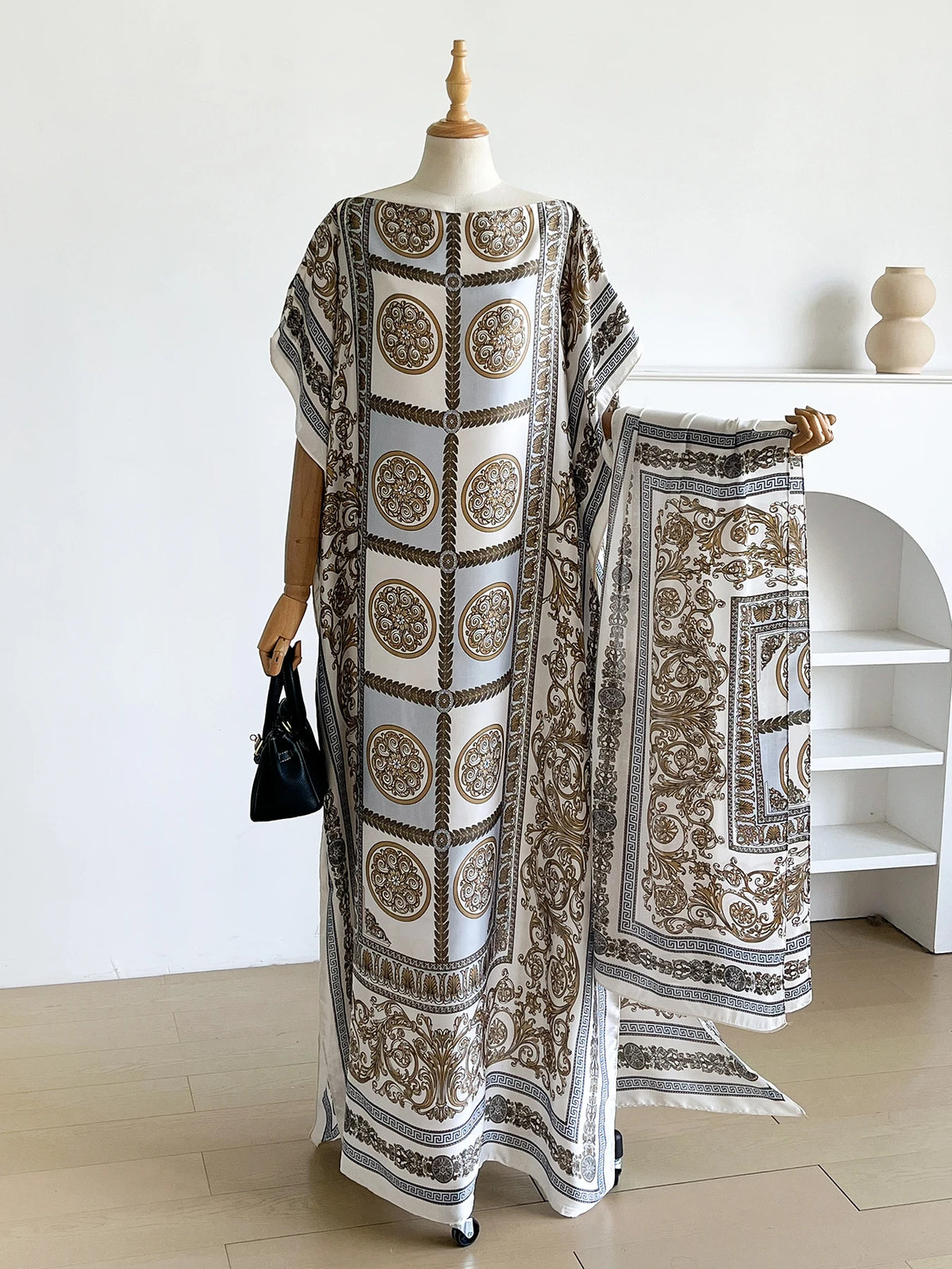 Vintage Baroque Medallion Satin Print Abaya With Scarf, Loose Maxi Kaftan For African Muslim Women Summer Beach Holiday Wear