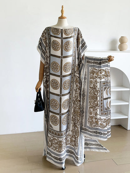Vintage Baroque Medallion Satin Print Abaya With Scarf, Loose Maxi Kaftan For African Muslim Women Summer Beach Holiday Wear