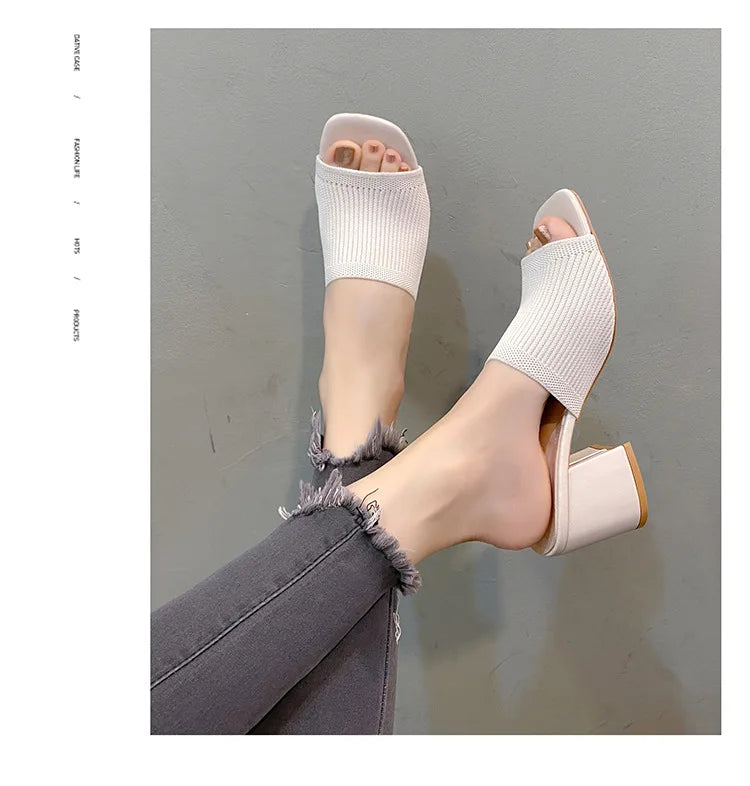 Women's Luxury Casual Soft High Heel Sandals Black Mules Summer Slippers Outdoor Shoes Open Toe