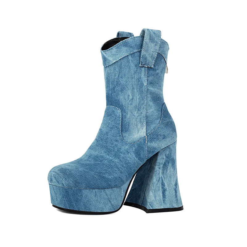 Microfiber Cow Pattern Slip On Short Boots Ultra-High Shaped Tapered Thick Heel Platform Denim Material Ankle Boots