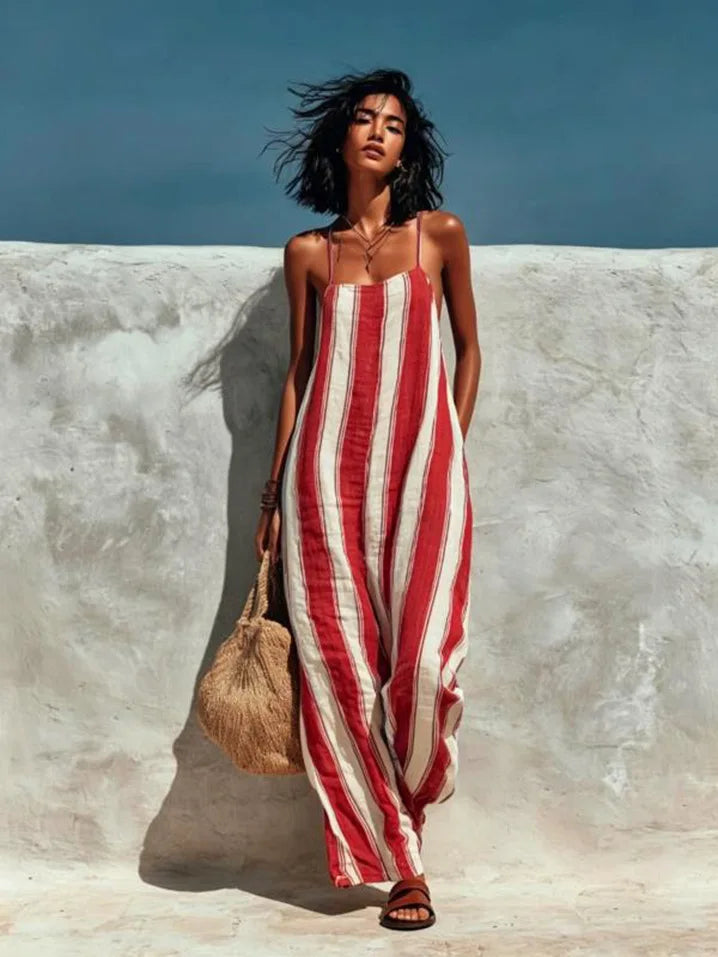 Women's Striped Print Street Loose Casual Sleeveless Pocket Playsuits Elegant Off Shoulder Suspender Jumpsuits and Rompers