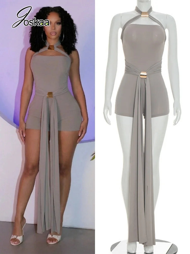 Joskaa Sexy Backless Bandage Playsuits Women Summer Trend Halter  Sleeveless Ribbons Skinny Rompers Holiday Elegant Outwear