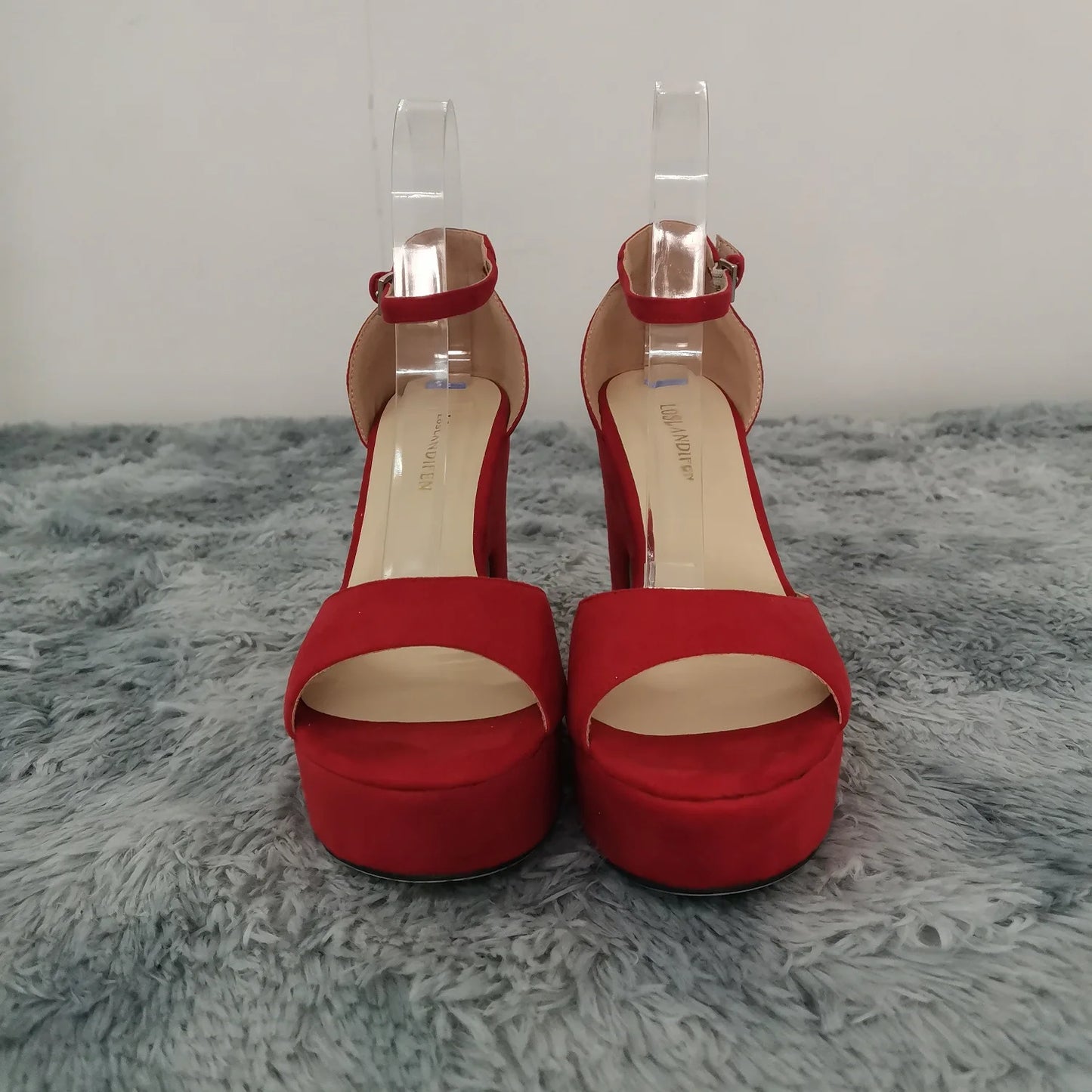 LOSLANDIFEN Summer Ankle Strap Sandal 12cm Women Pumps Sexy Peep Toe Square High Heels Woman Shoes Flock Platform Wedding Shoes