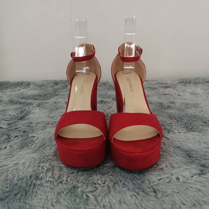 LOSLANDIFEN Summer Ankle Strap Sandal 12cm Women Pumps Sexy Peep Toe Square High Heels Woman Shoes Flock Platform Wedding Shoes