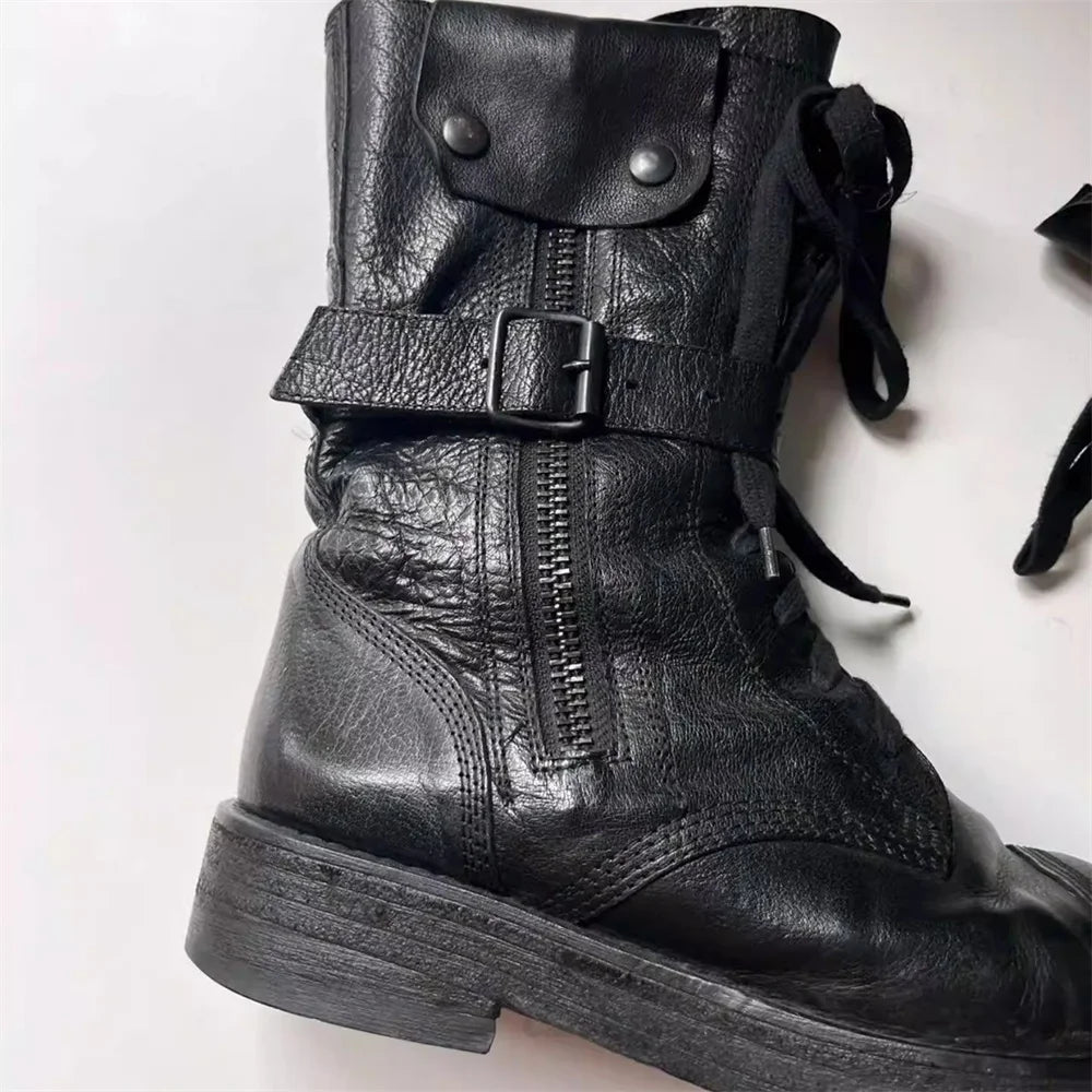 Retro Round Toe Black Leather Workwear Boots Men Rivets Belt Buckles Side Zipper Straps Punk Style Motorcycle Riding Boots