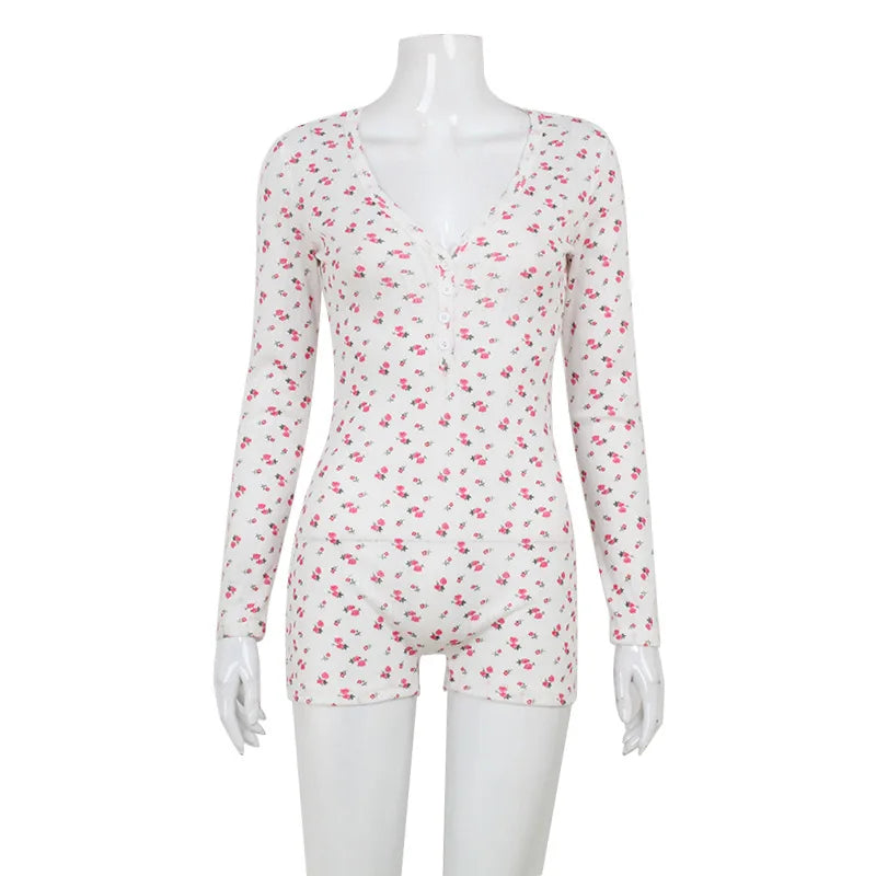 Women's Clothing Homewear New Sexy V-neck Long-sleeved Floral Jumpsuit Comfortable Casual Simple Style Fashion Bodycon Trendy