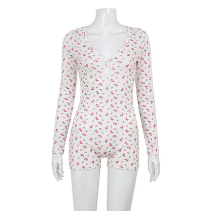Women's Clothing Homewear New Sexy V-neck Long-sleeved Floral Jumpsuit Comfortable Casual Simple Style Fashion Bodycon Trendy