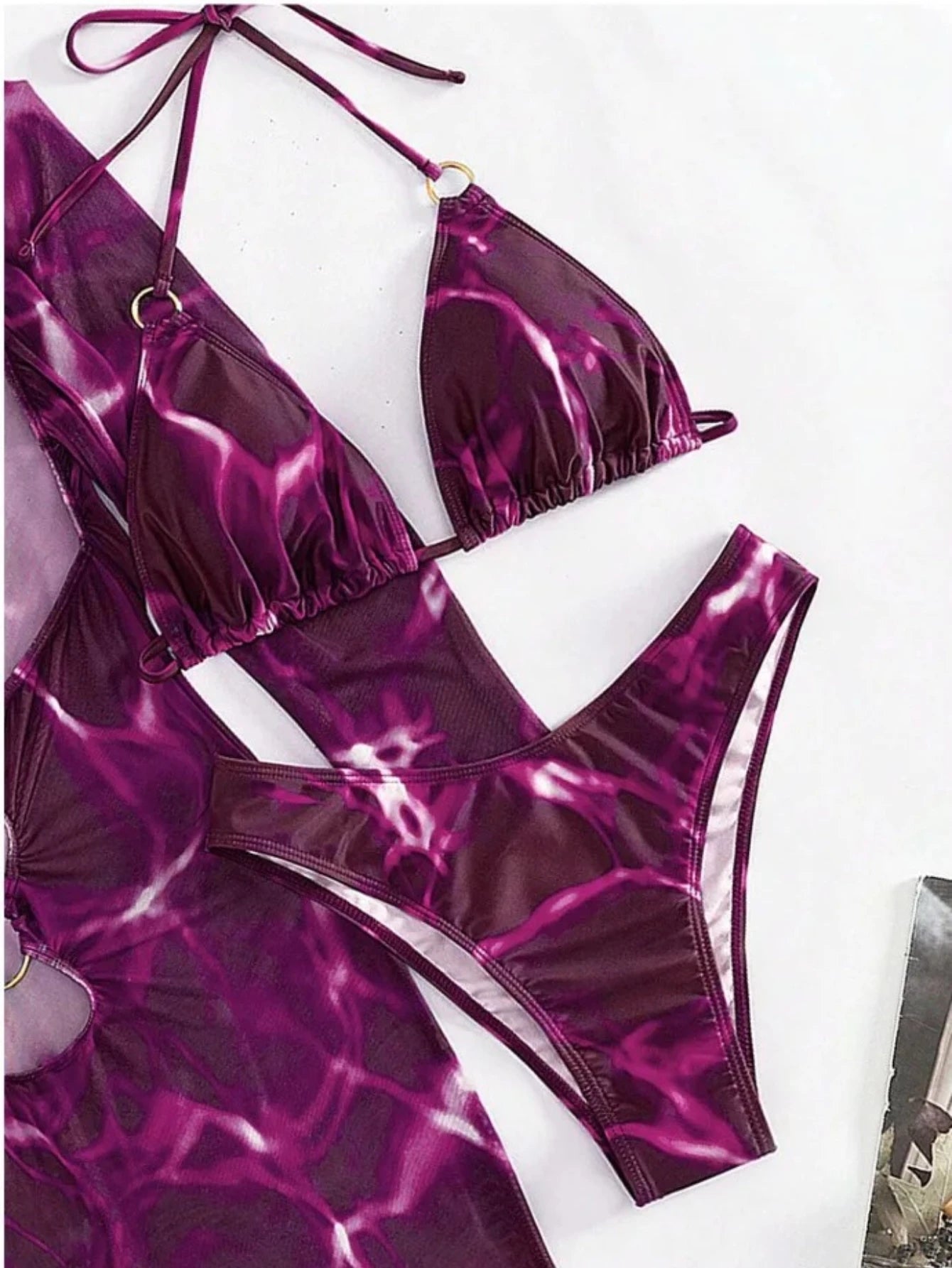 3 Piece Bikini Set Women Swimsuit Halter Cutout Metal Ring Mesh Cover Up Beach Dress Swimwear Bathing Suit