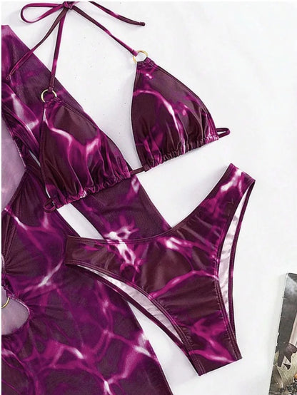 3 Piece Bikini Set Women Swimsuit Halter Cutout Metal Ring Mesh Cover Up Beach Dress Swimwear Bathing Suit
