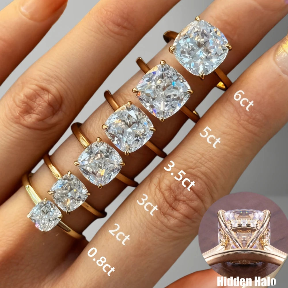0.8-6Ct Cushion Cut Moissanite Solitaire Engagement Ring Fashion Wedding Rings for Women S925 Sterling Silver with Certificate