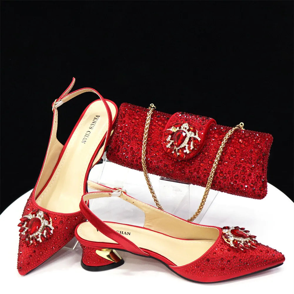 Purple 2024 Italian Design Girly Style Opend Toe Shoes And Bag Full Diamond Decoration with Appliques for Wedding Party