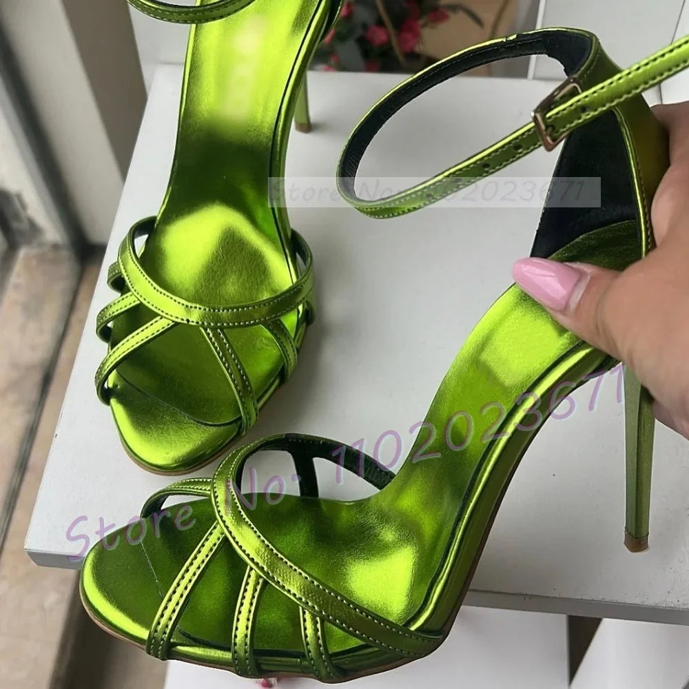 Green Metallic Party Sandals With High Heels Female Elegant Open Toe Cross Strap Sandal Luxury Women Summer Casual Stylish Shoes