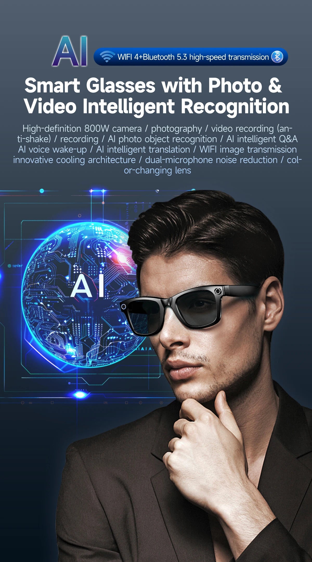 2026 Smart Glasses Men 8MP Camera WiFi Bluetooth Touch Control IP67 Waterproof AI Translation Noise Cancelling AI Glasses Women