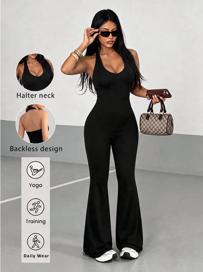 Women Halter Backless Jumpsuit Flare Leg Yoga Jumpsuit Sleeveless Bodycon Fitness One Piece Outfit Gym Training Daily Sportswear