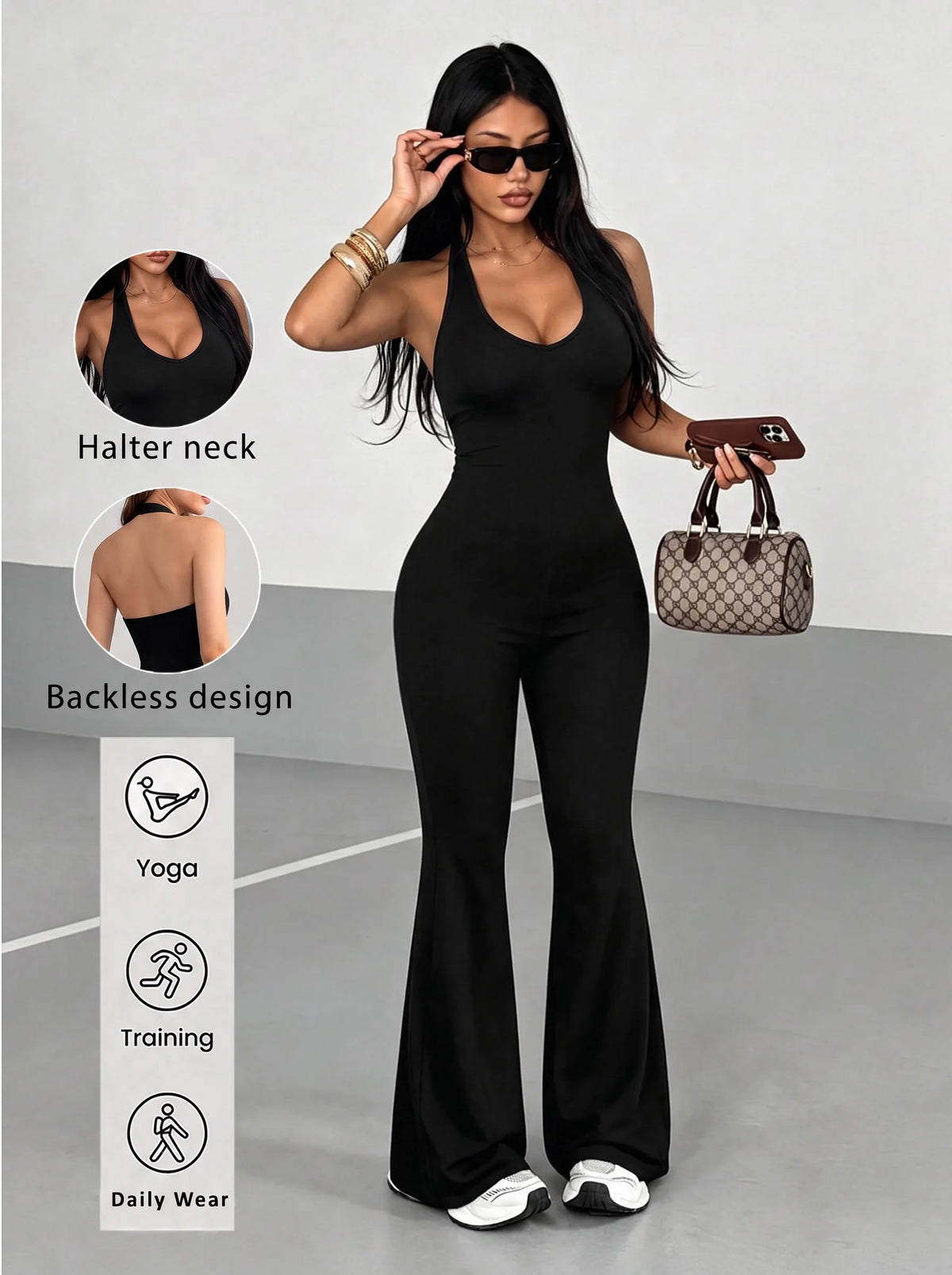 Women Halter Backless Jumpsuit Flare Leg Yoga Jumpsuit Sleeveless Bodycon Fitness One Piece Outfit Gym Training Daily Sportswear