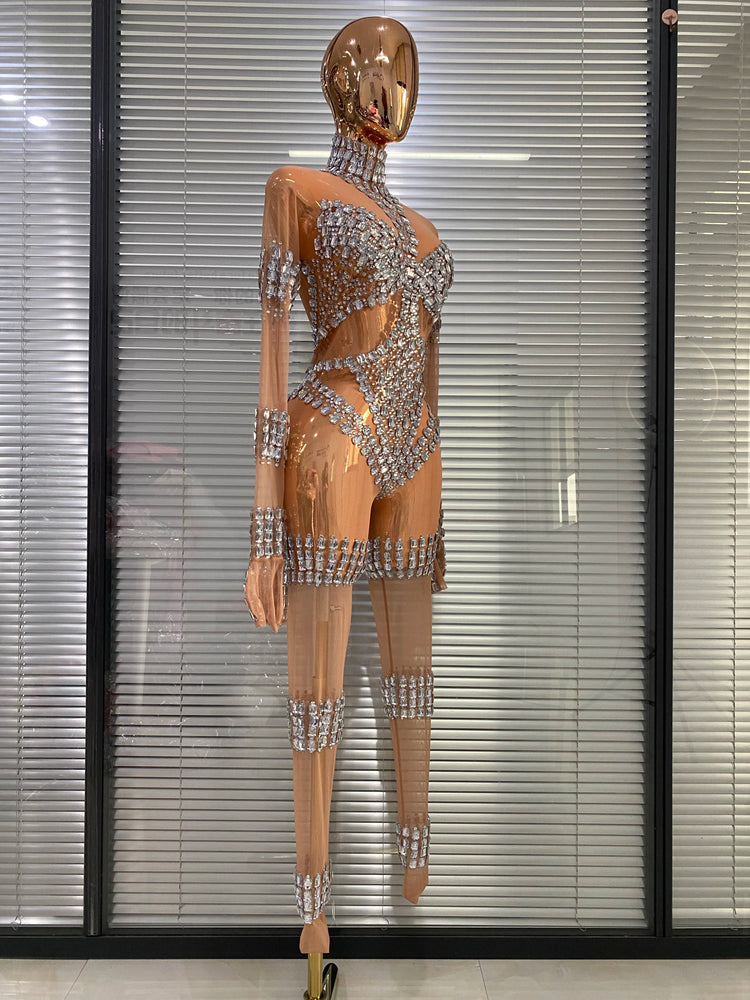 Club Outfits Woman 2026 Sparkly Crystal Sheer Transparent Jumpsuits Masquerade Costume Dress Carnival Parade Festival Catsuit