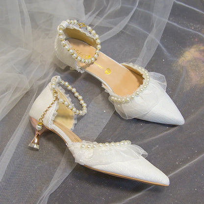 Elegant Pearl Weddings Bridal Pumps for Women 2026 Summer Silk Ankle Straps High Heels Shoes Woman Pointed Toe Dress White Shoes