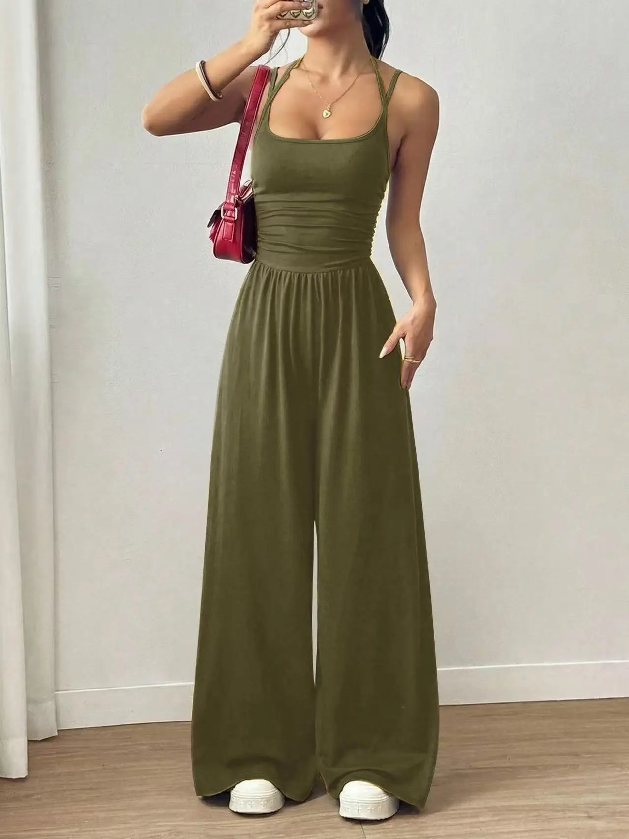 Women Halter Spaghetti Strap Jumpsuits Summer Casual Elastic High Waist Backless Wide Leg Long Pants Romper Club Party Overalls