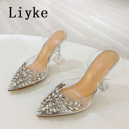 Liyke 2026 New Gold Silver Diamond Rivet Pointed Toe Slingback Sandal Women Pumps Sexy Clear High Heels Wedding Party Prom Shoes
