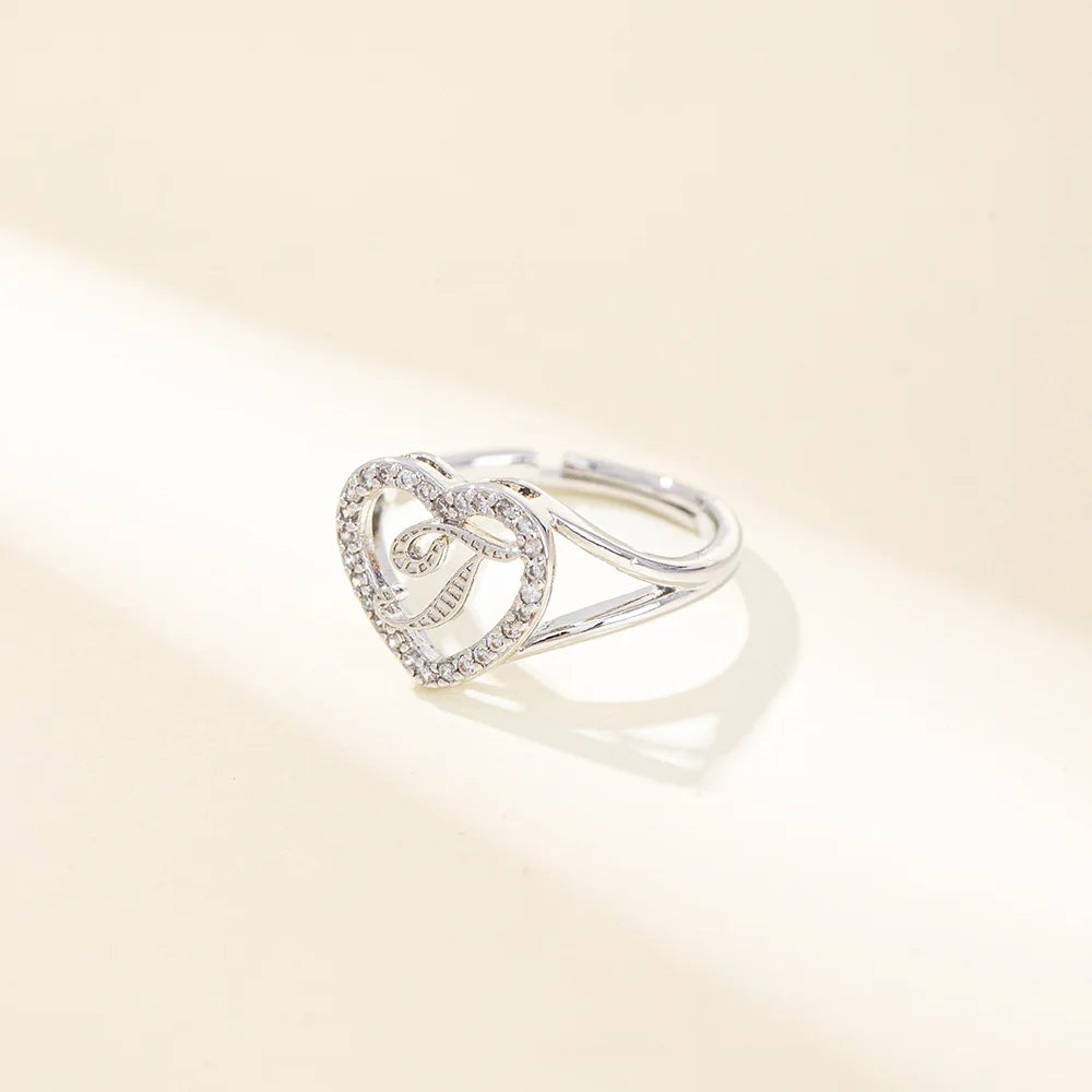 White Zircon 26 Letters A-Z Love Heart Open Adjustable Rings For Women Gold Silver Color Wedding Band Jewelry Mother's Day Gifts