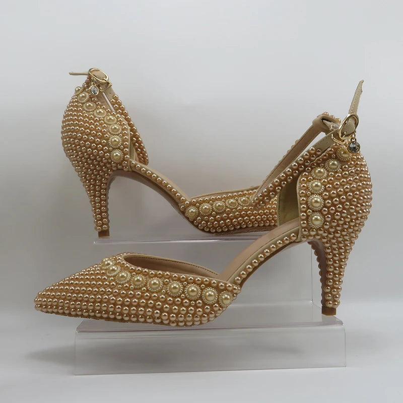 Champagne Pearl Wedding Bridal Shoes Woman Fashion Thin Heel Party Dress Shoe Lace-up Pointed Toe High Handmade Ankle Strap Shoe