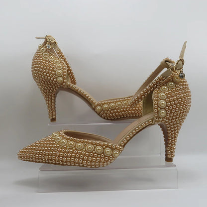Champagne Pearl Wedding Bridal Shoes Woman Fashion Thin Heel Party Dress Shoe Lace-up Pointed Toe High Handmade Ankle Strap Shoe