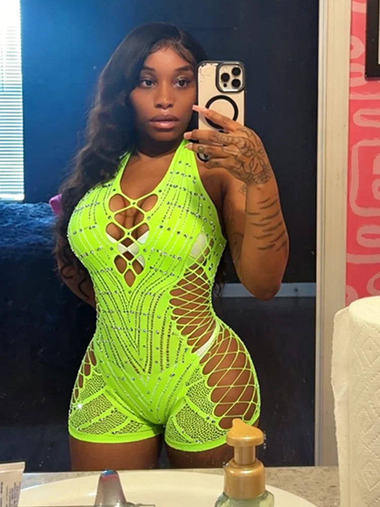 Joskaa Y2K Sparkling Rhinestone Halter Rompers Women Sexy Hollow Backless High Stretch Bodycon Playsuits Midnight Party Clubwear