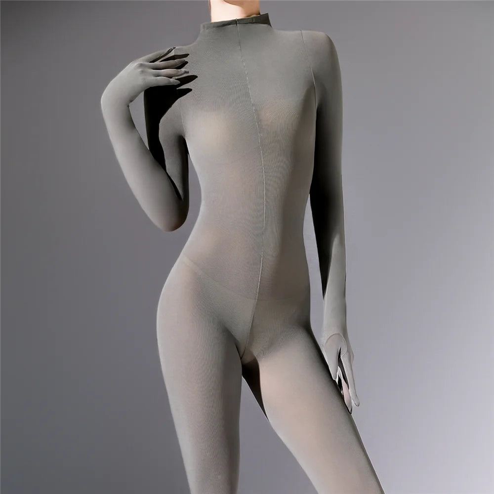 Plus Size Sexy Women 120D Five Finger Glove Sleeve Bodysuit Seamless Tight Warm High Elastic Shaping Cosplay Unisex Fit Jumpsuit